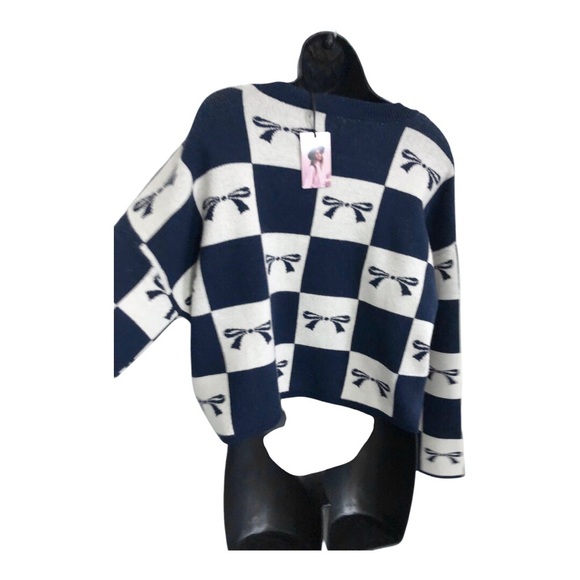 Sincerely Jules navy blue & cream checkerboard look dark blue bow sweater size L - Picture 8 of 9